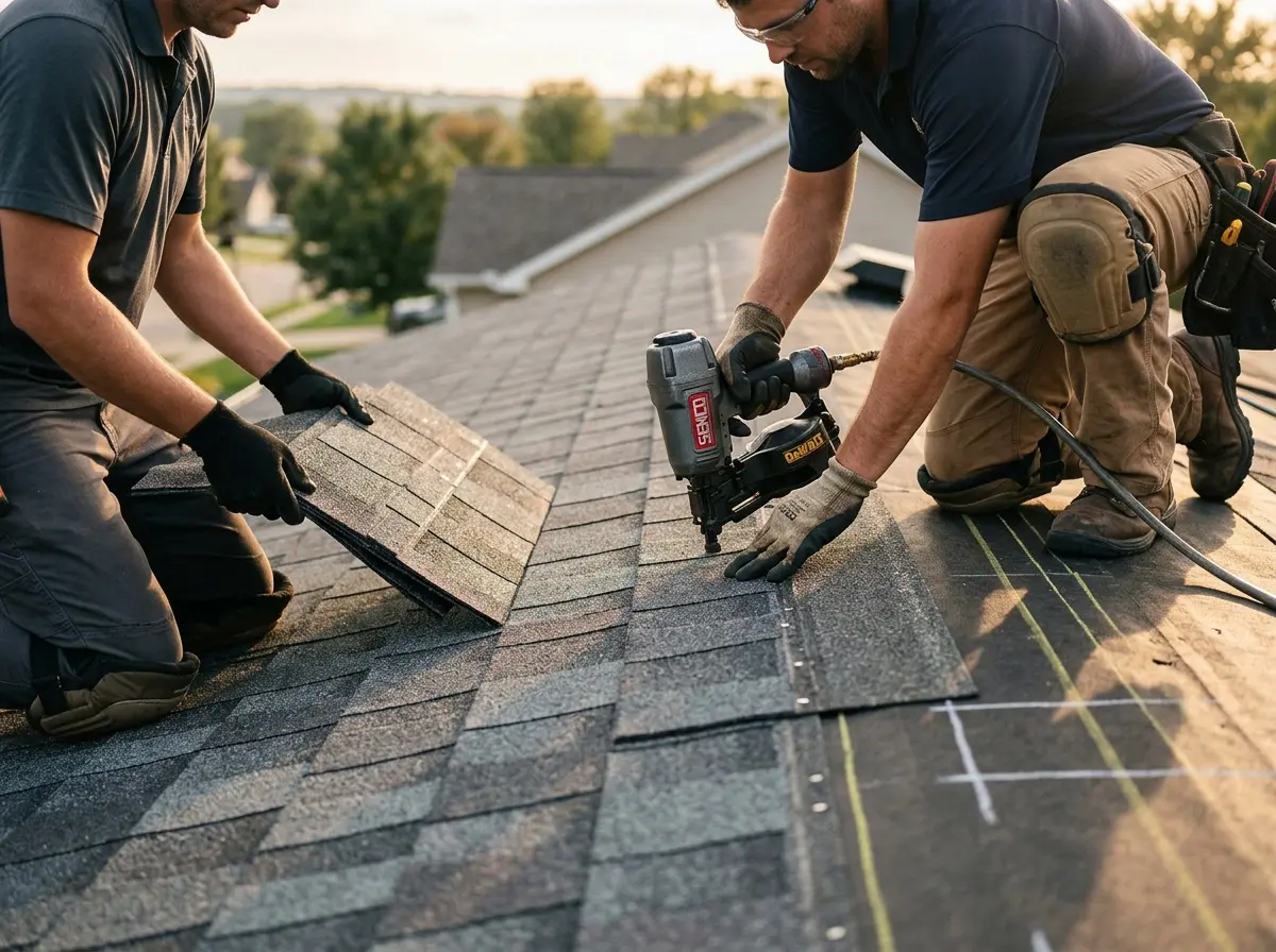 Professional roofer working on a residential roof in Manchester-by-the-Sea